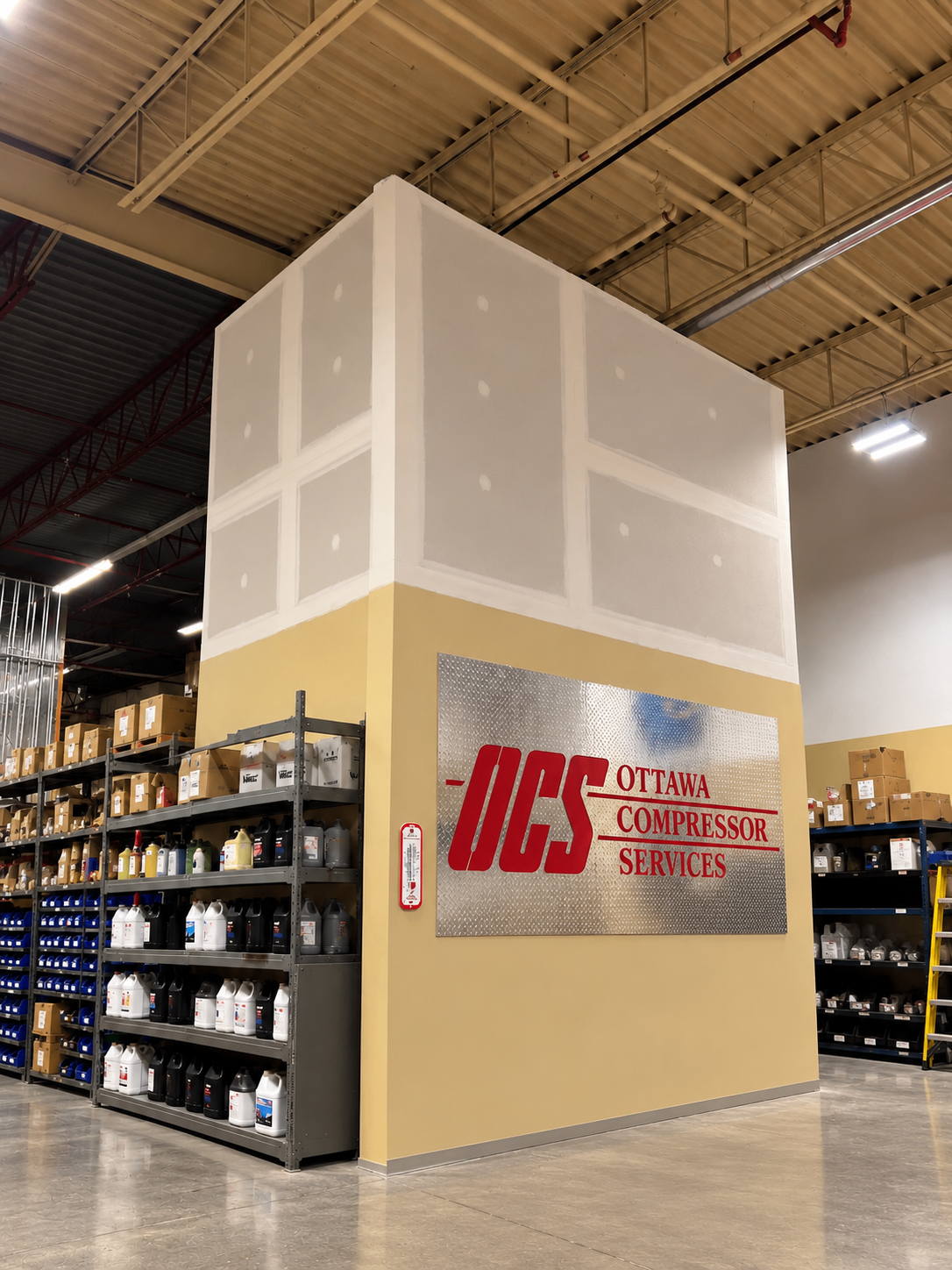 Drywall progress on the OCS warehouse enclosure