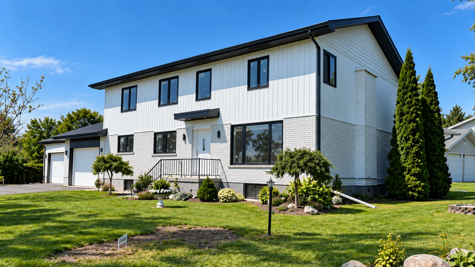 Completed two-storey home with white vertical siding
