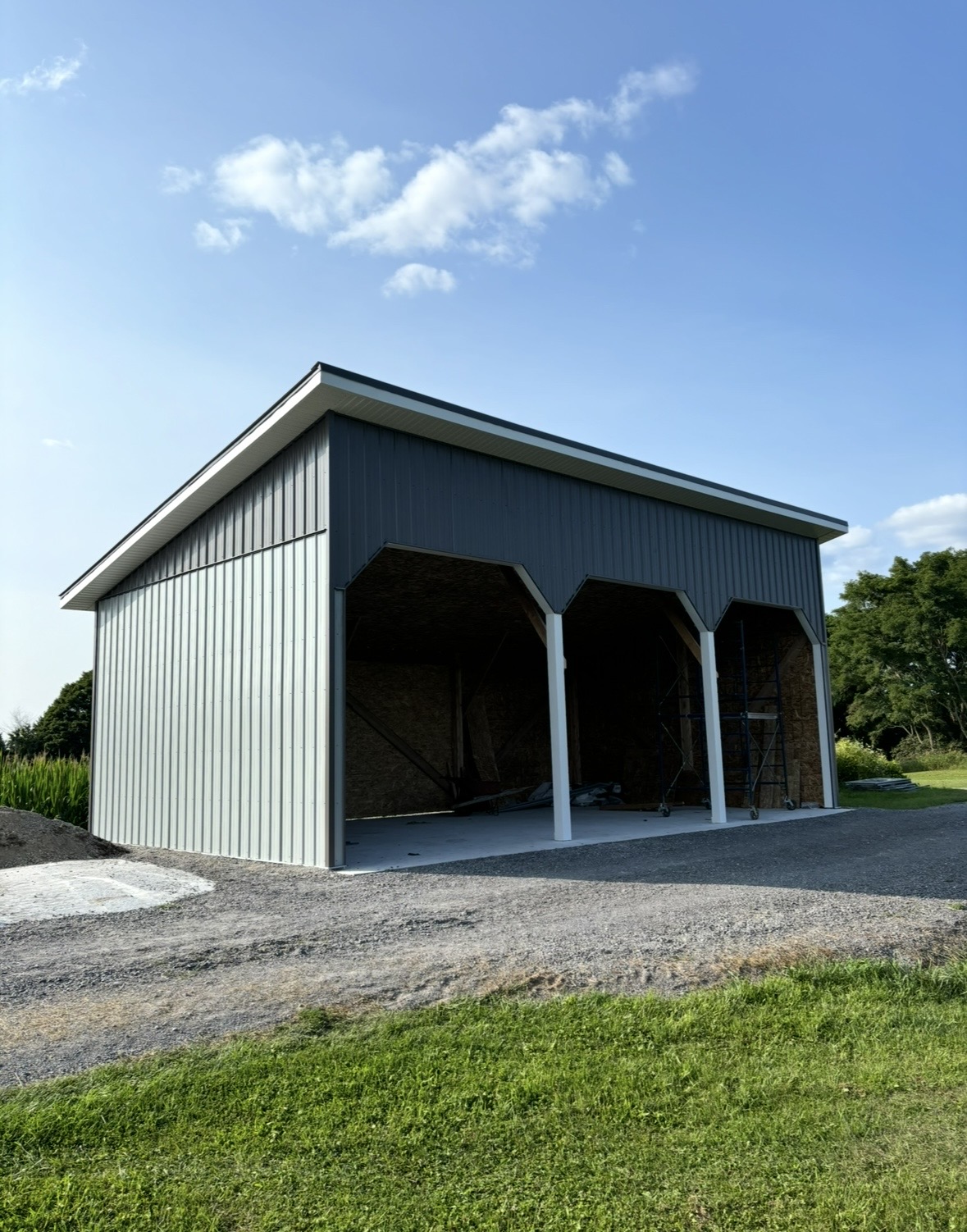 Finished metal-clad pole barn viewed from an angle