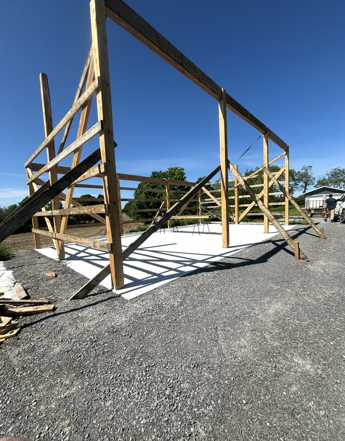 Pole barn timber framing during construction